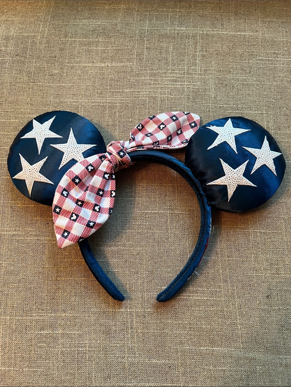 Disney Patriotic Minnie Ears Headband with Red Plaid Bow